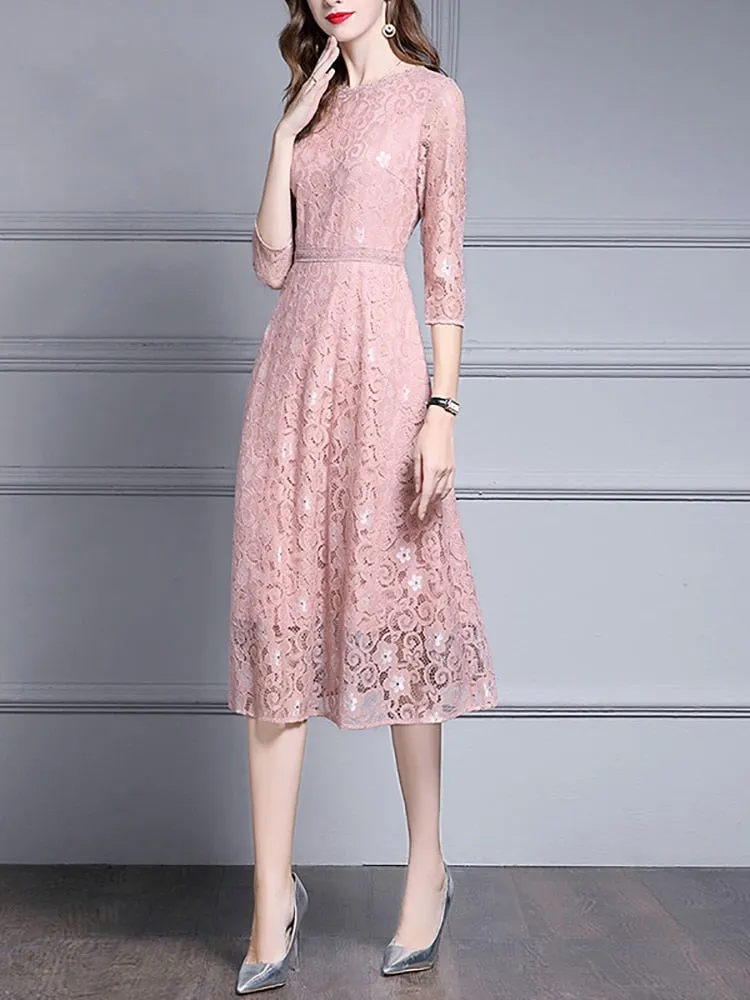 Spring Women Elegant Pink Lace Dress