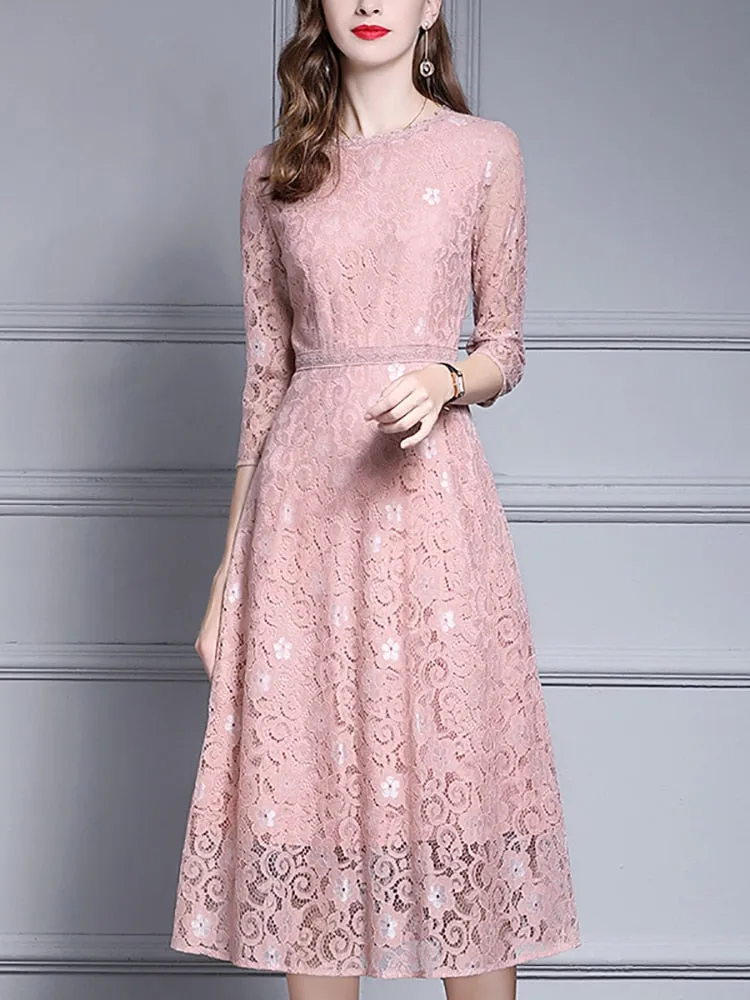 Spring Women Elegant Pink Lace Dress