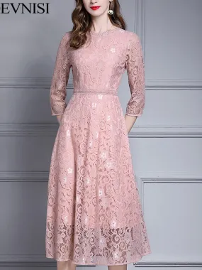 Spring Women Elegant Pink Lace Dress