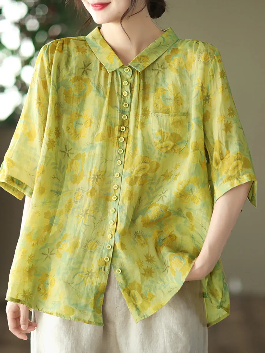 Vintage Floral Ramie Casual Summer Women Shirt