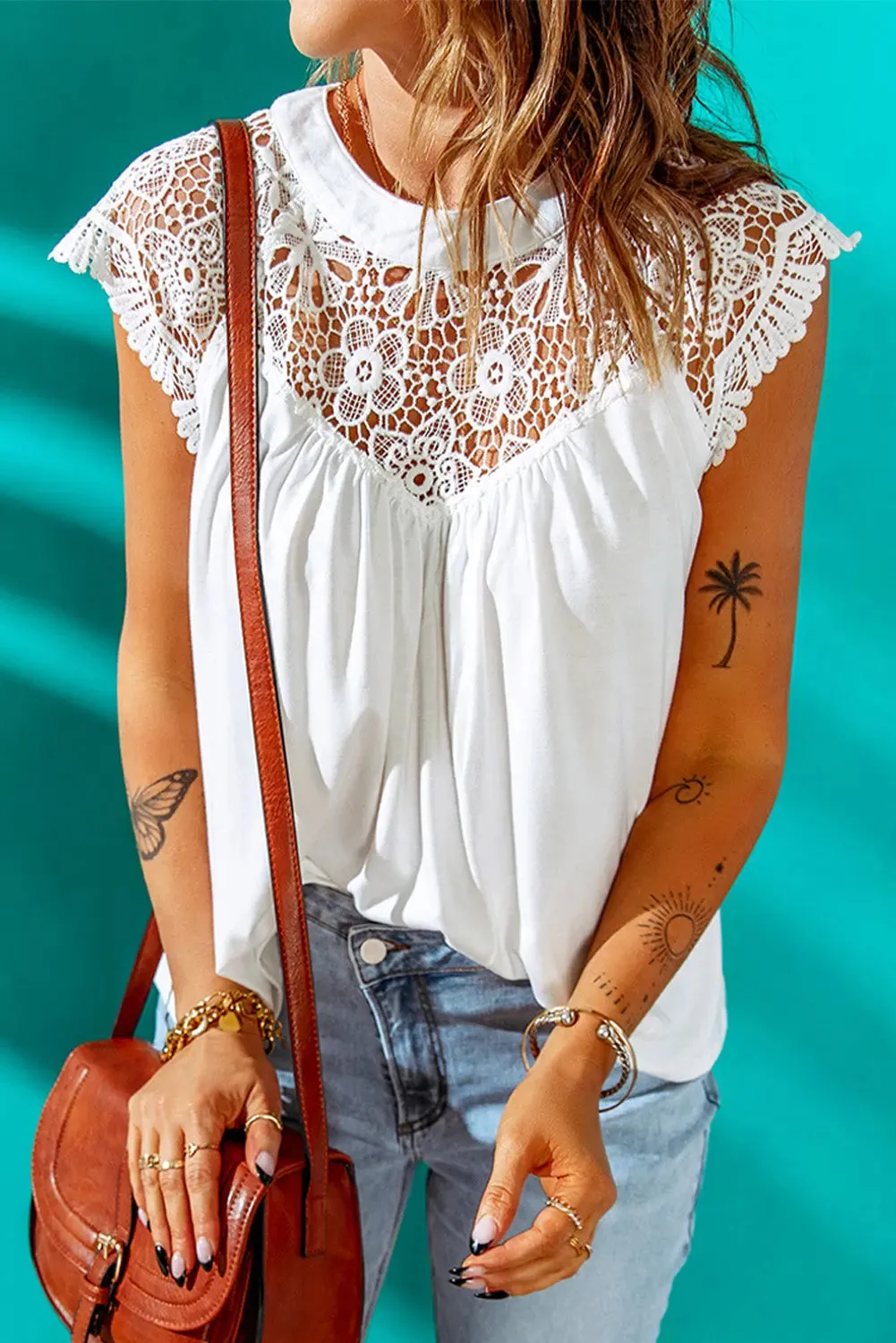 White Blouse Women Lace Round Neck