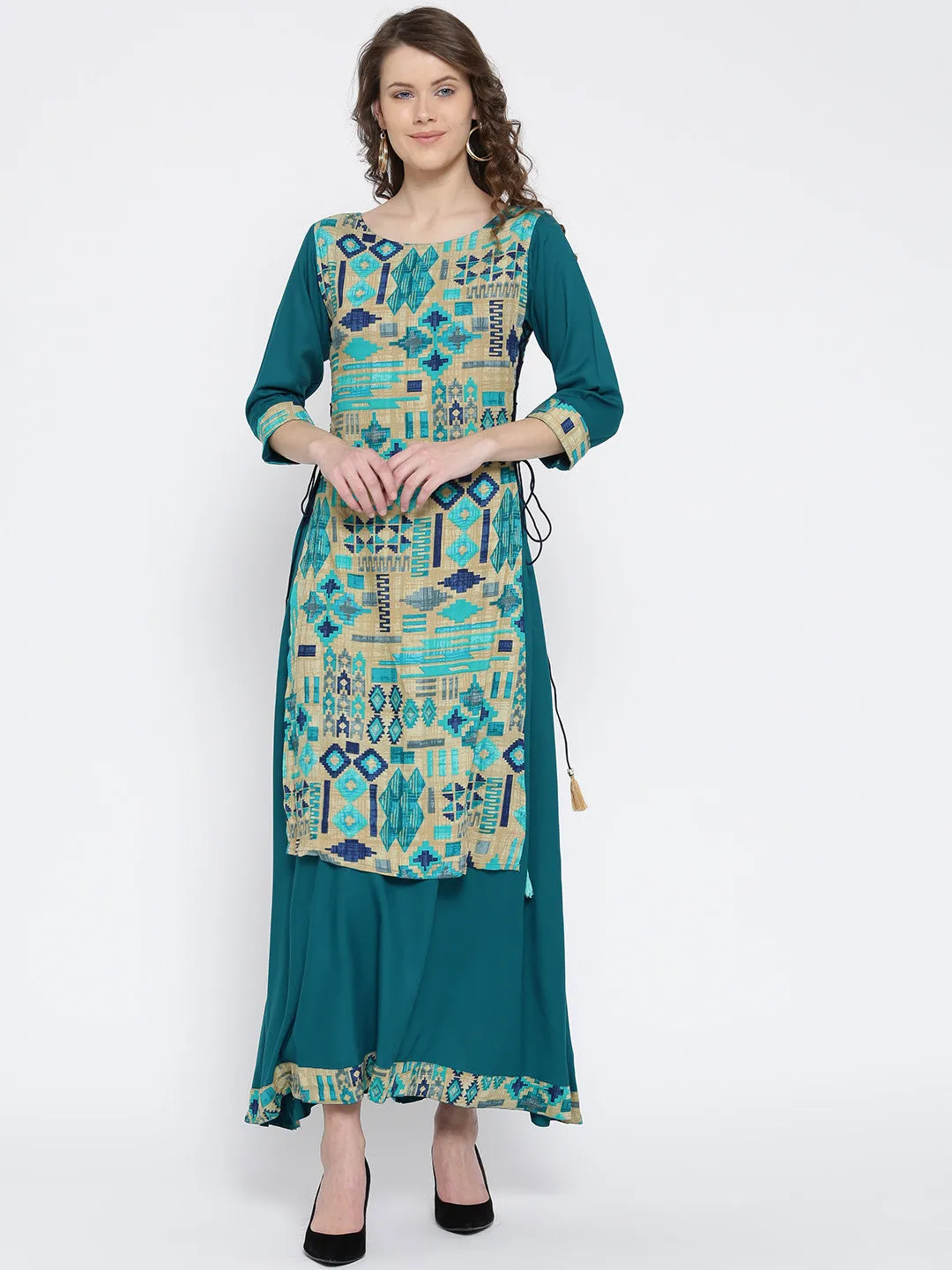 Women Beige & Teal Rayon Printed Dress