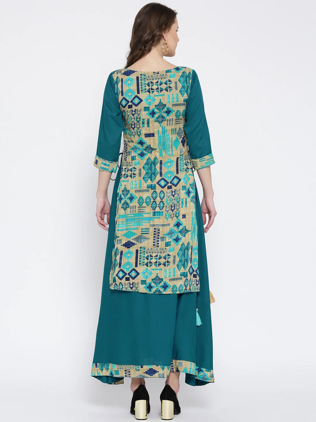 Women Beige & Teal Rayon Printed Dress