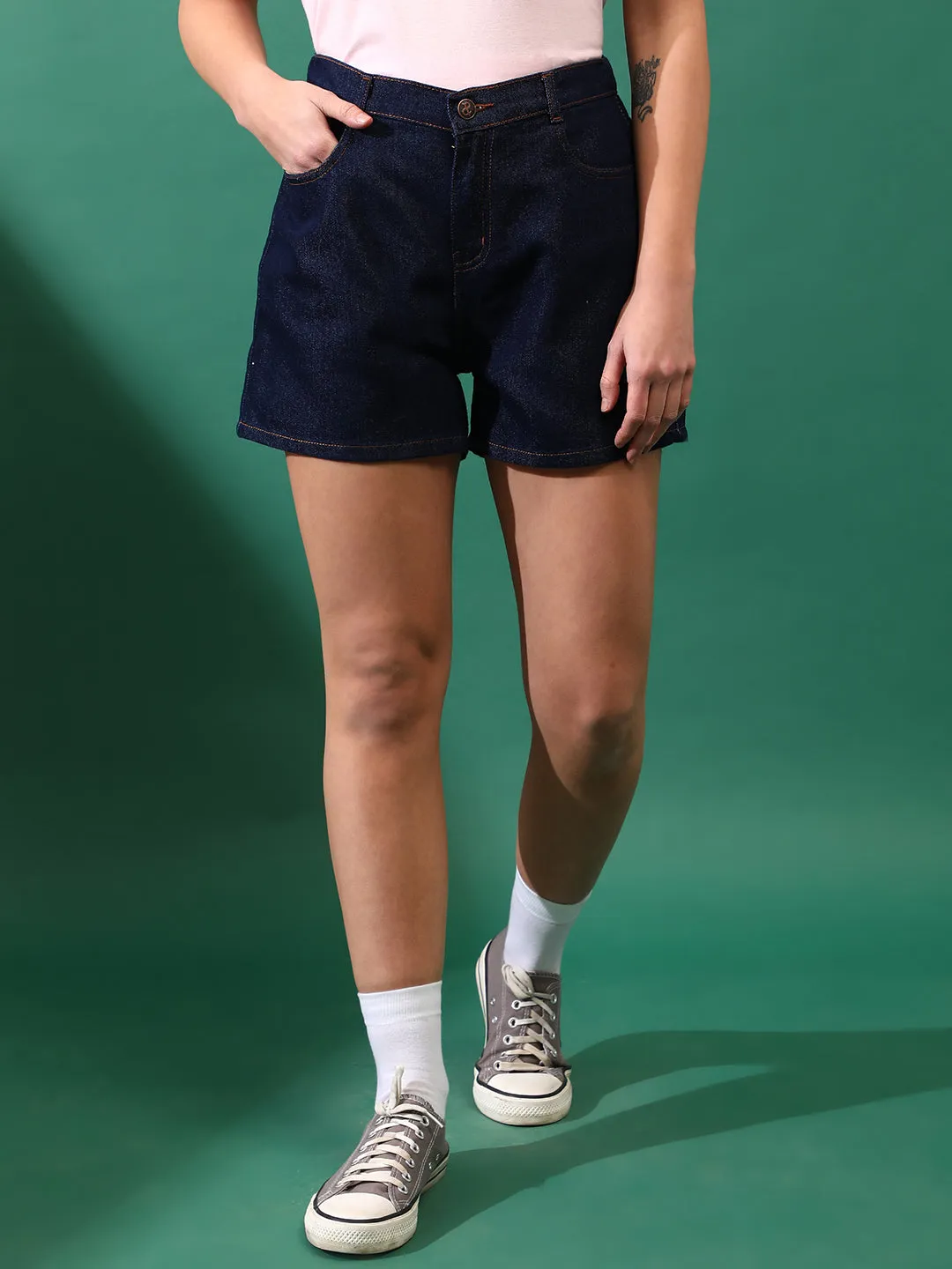 Women Denim solid Dark Blue Shorts