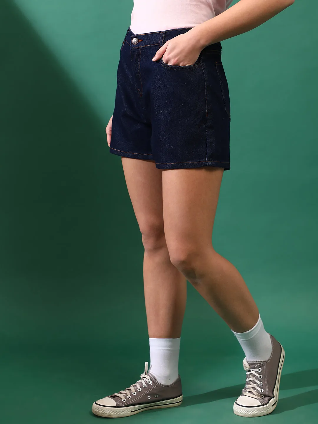 Women Denim solid Dark Blue Shorts