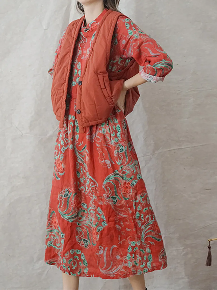 Women Linen Vintage Printed Floral Dress