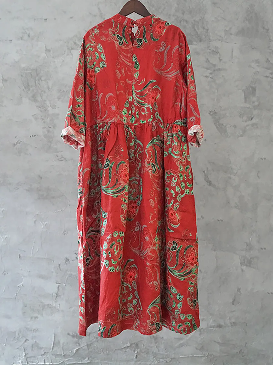 Women Linen Vintage Printed Floral Dress