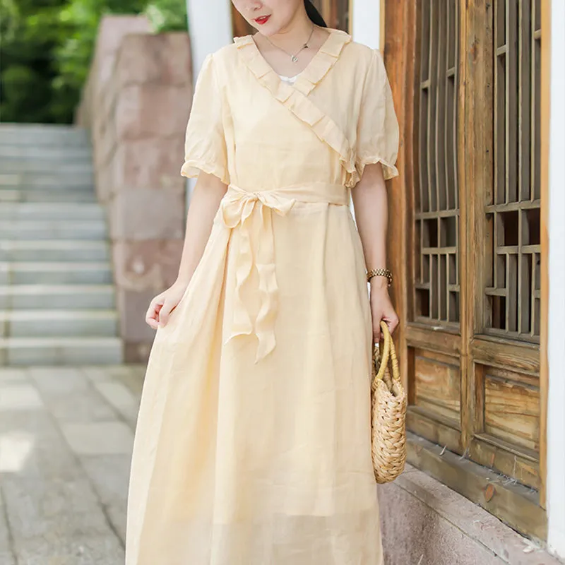 Women Retro Elegant Linen Summer Dress